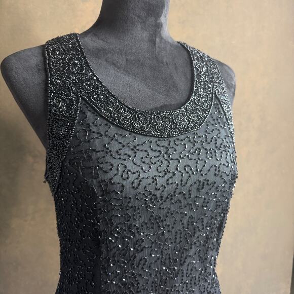 Laurence Kazar Silk Beaded Evening Shell Top Long Black Embellished Size M - Picture 3 of 13